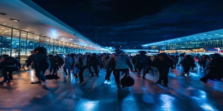 夜晚机场航站楼内灯光璀璨，人群熙攘，一位戴口罩帽子的明星快步走过，引发吃瓜群众围观的热闹氛围